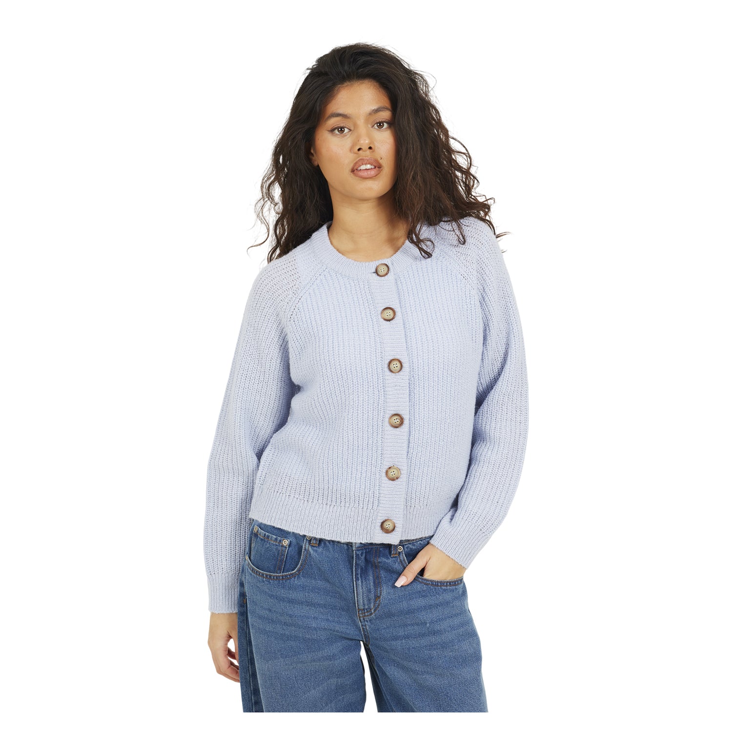 Blue - Front - Brave Soul Womens-Ladies Lawson Knitted Crew Neck Raglan Cardigan