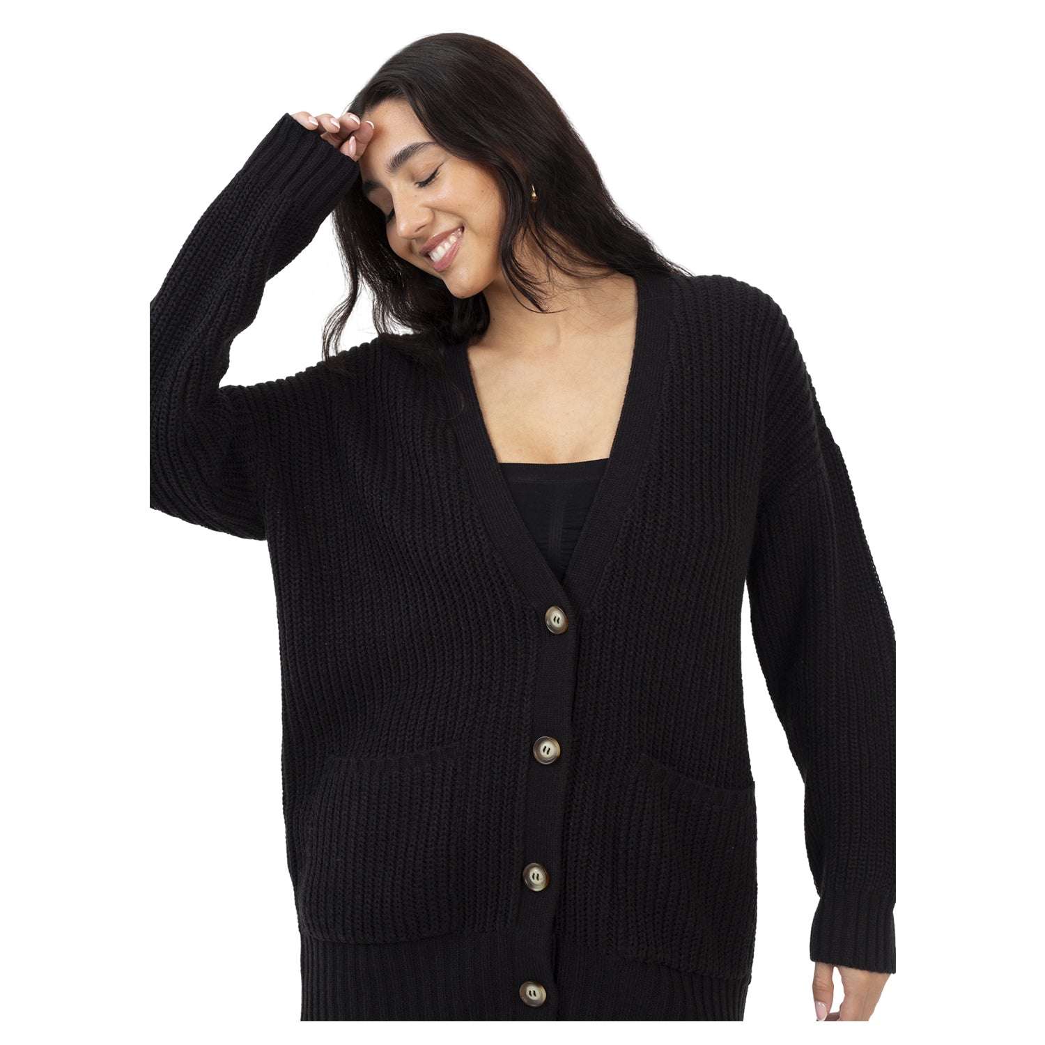 Black - Side - Brave Soul Womens-Ladies Niamos Fishnet Button Through Cardigan