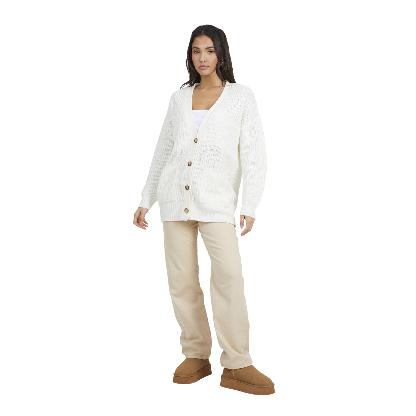 Ivory - Side - Brave Soul Womens-Ladies Niamos Fishnet Button Through Cardigan