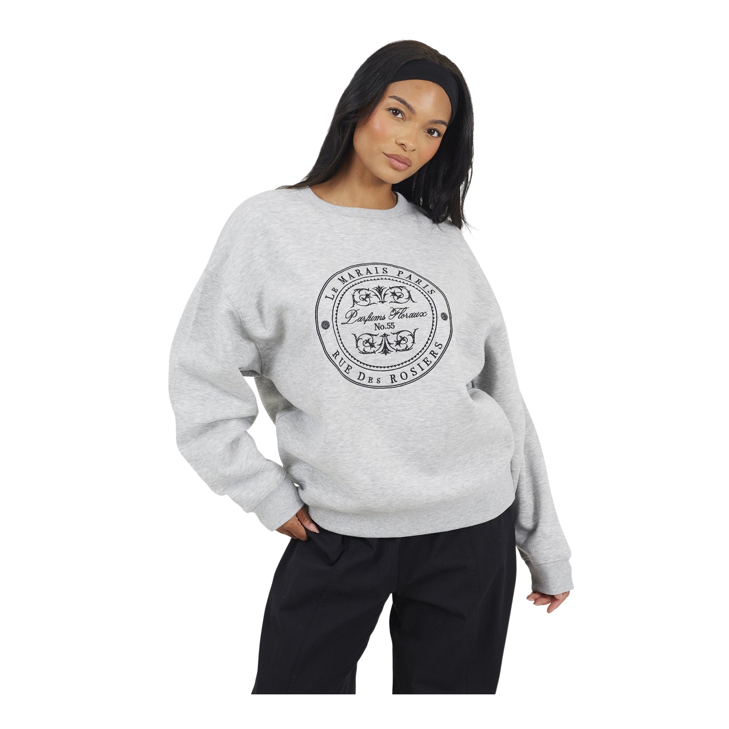 Grey Marl-Black - Front - Brave Soul Womens-Ladies Le Marais Paris Crew Neck Sweatshirt