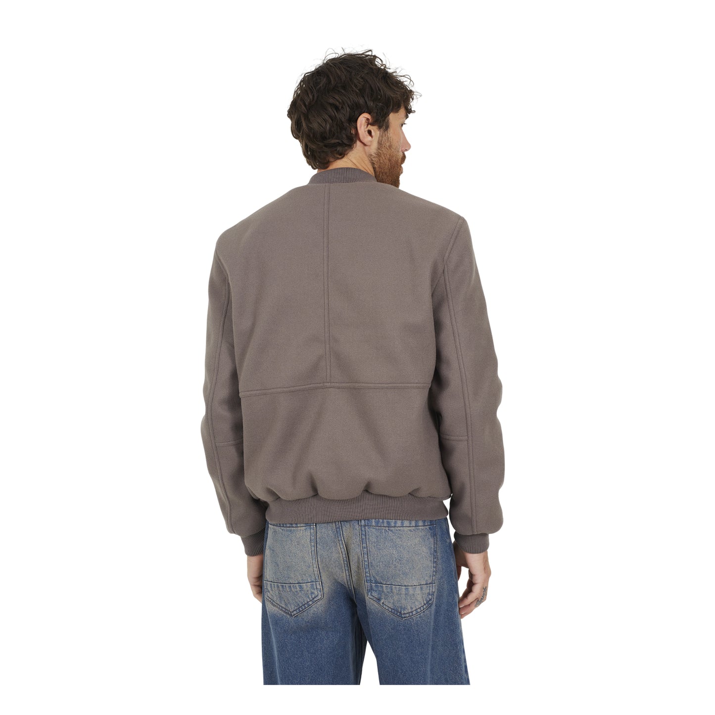 Taupe - Back - Brave Soul Mens Maison Faux Wool Funnel Neck Bomber Jacket