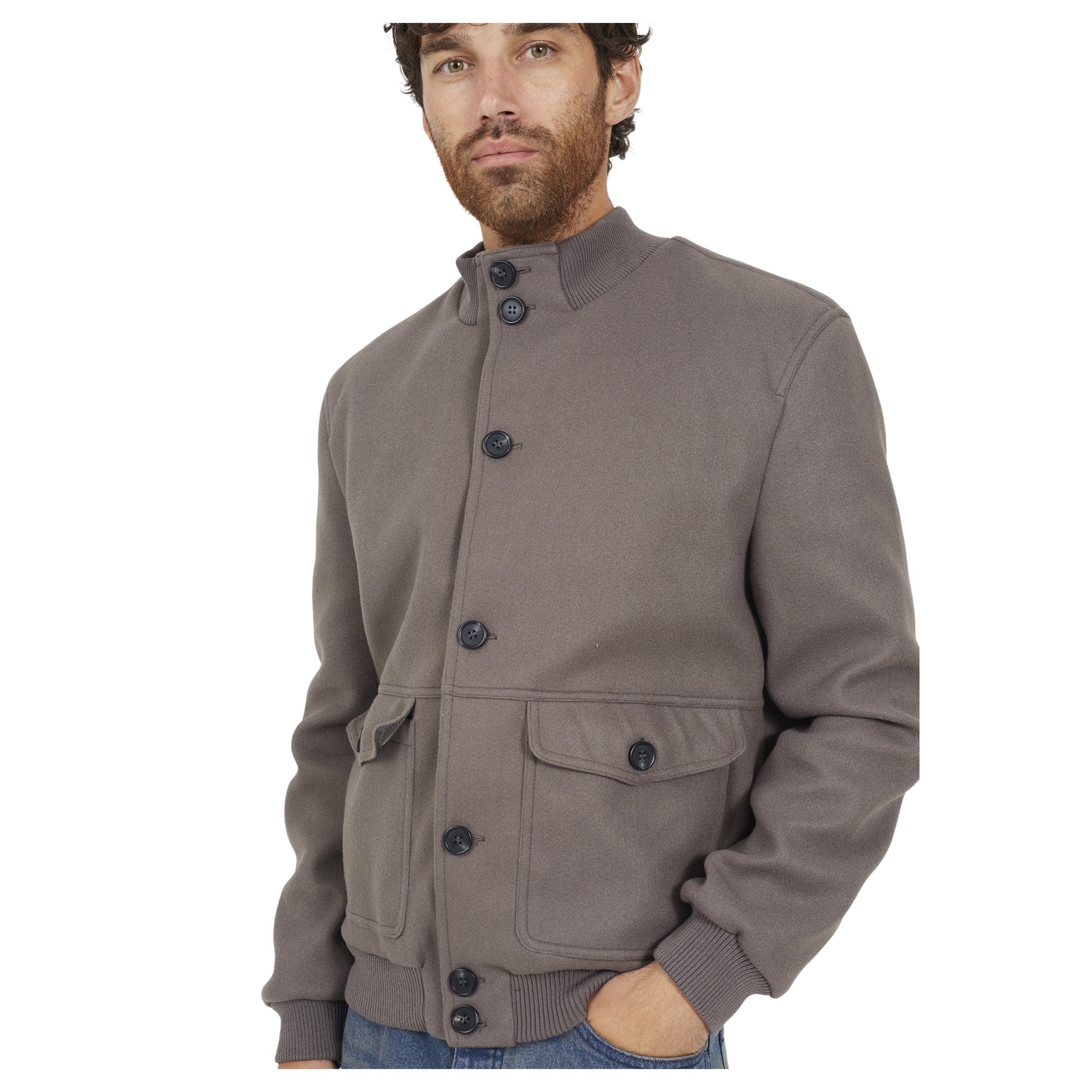 Taupe - Side - Brave Soul Mens Maison Faux Wool Funnel Neck Bomber Jacket