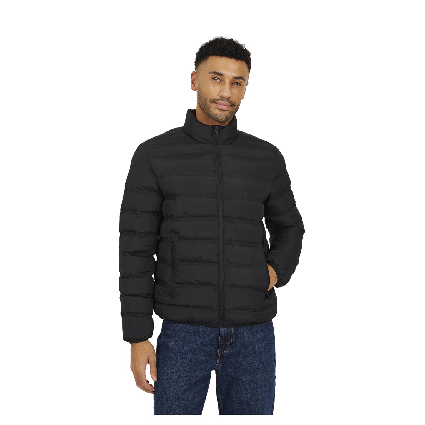 Black - Front - Brave Soul Mens Marley Quilted Funnel Neck Jacket