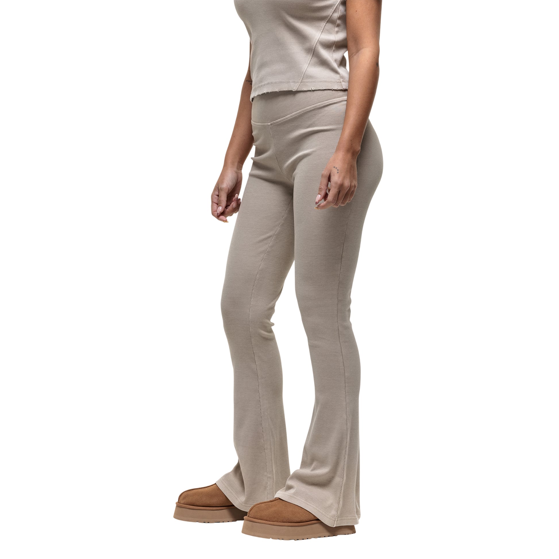 Stone - Side - Good For Nothing Womens-Ladies Ribbed Flared Leggings
