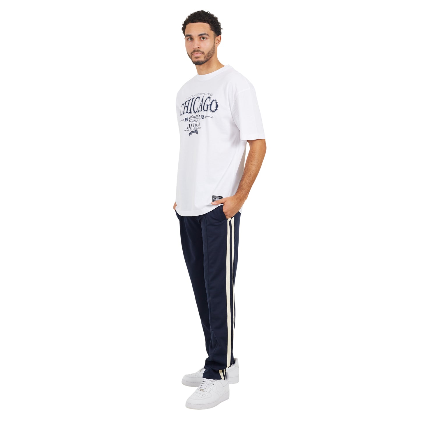 Navy - Side - Brave Soul Mens Side Stripe Wide Leg Jogging Bottoms