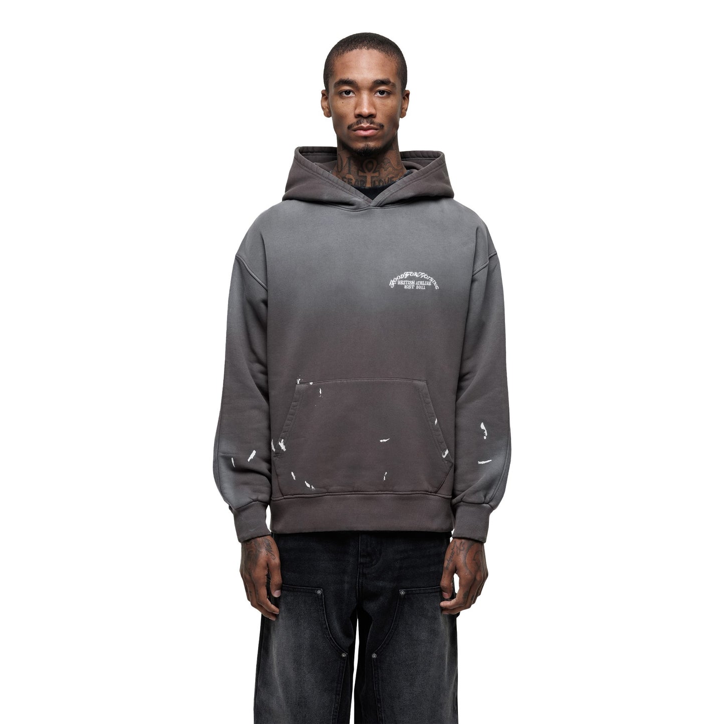 Grey - Front - Good For Nothing Mens Abrade Fade Splatter Pull Over Oversized Hoodie
