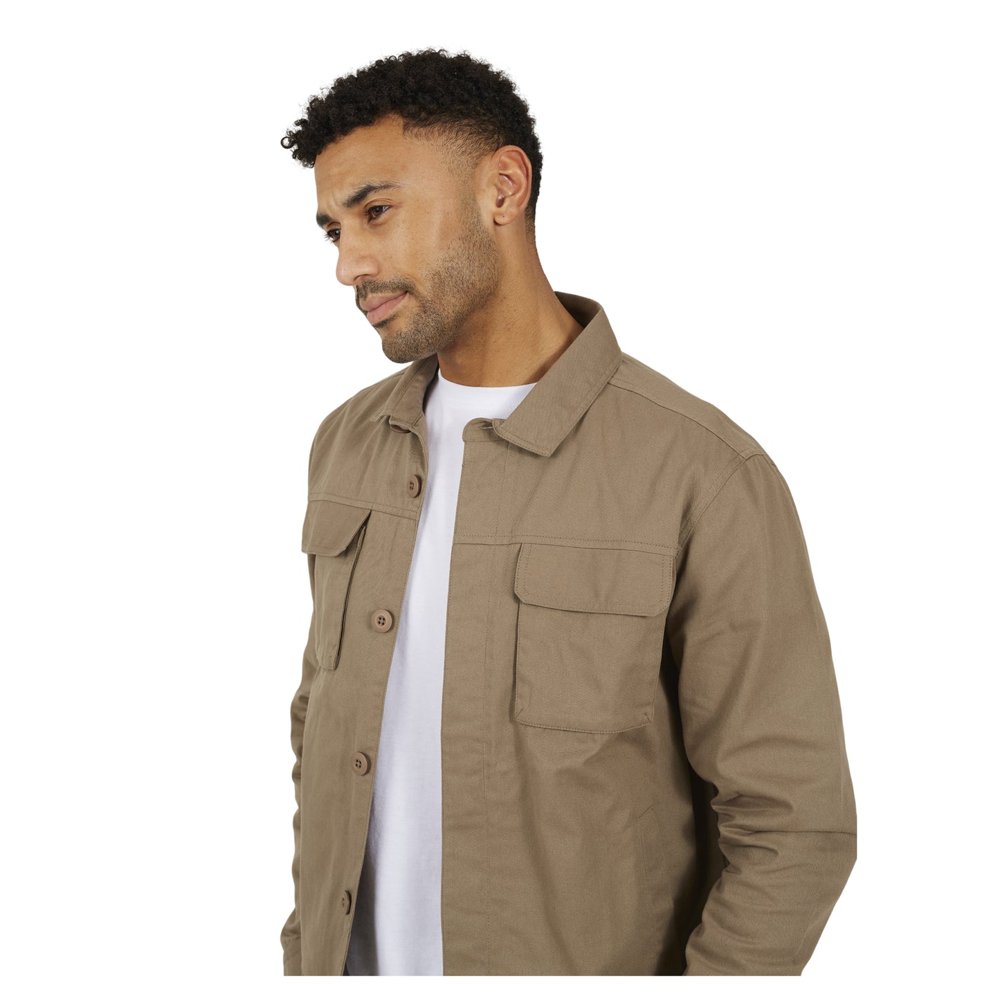 Taupe - Side - Brave Soul Mens Collared Button-Down Jacket