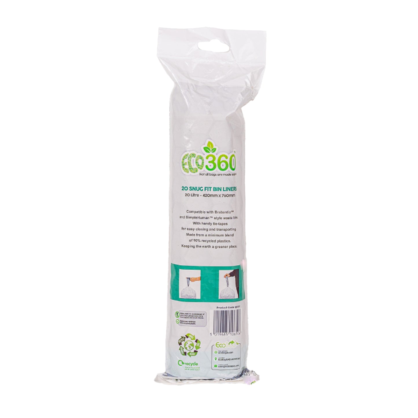 One Colour - Back - Eco360 Extra Strong Kitchen Drawstring Bin Liners 20L 20pk