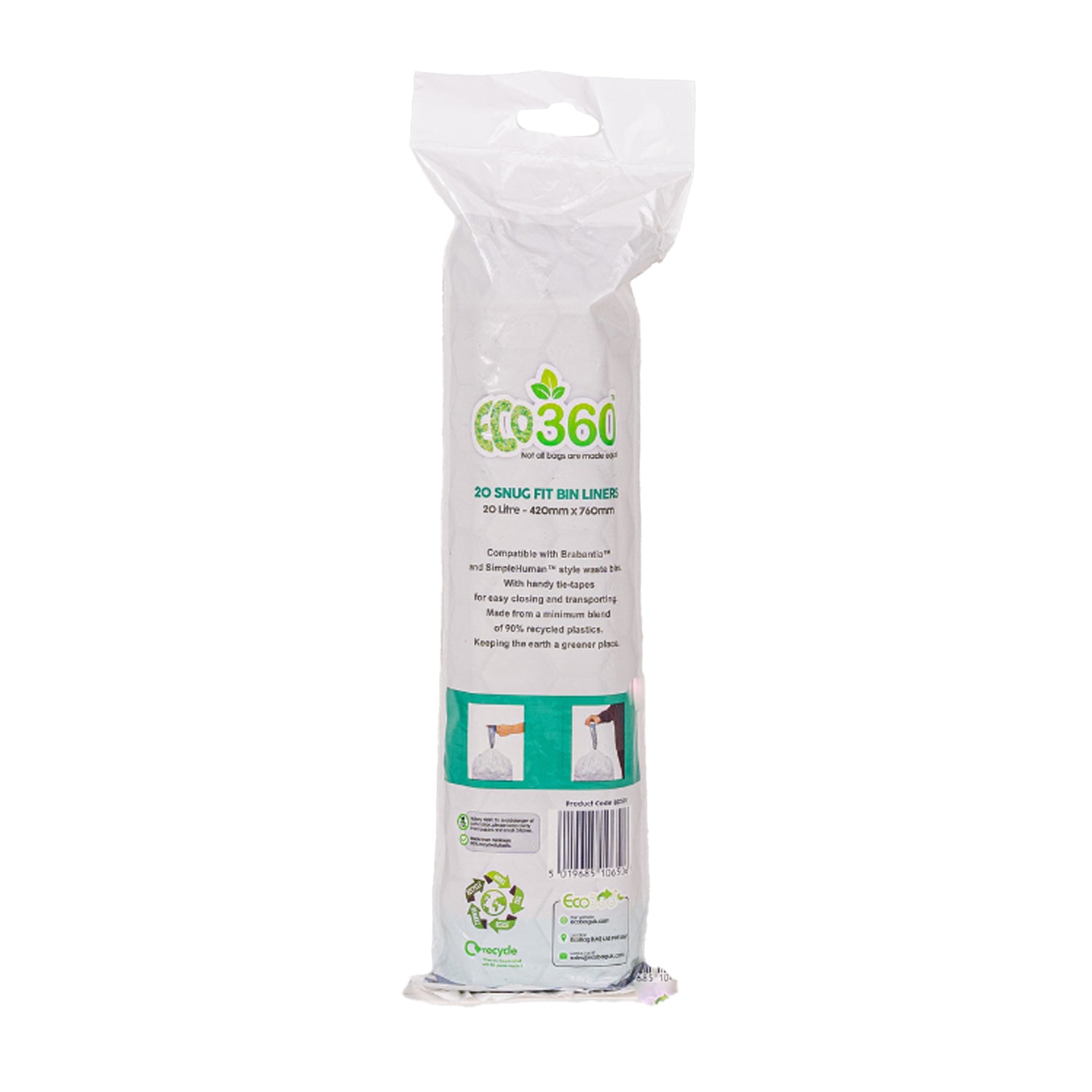 One Colour - Back - Eco360 Extra Strong Kitchen Drawstring Bin Liners 20L 20pk