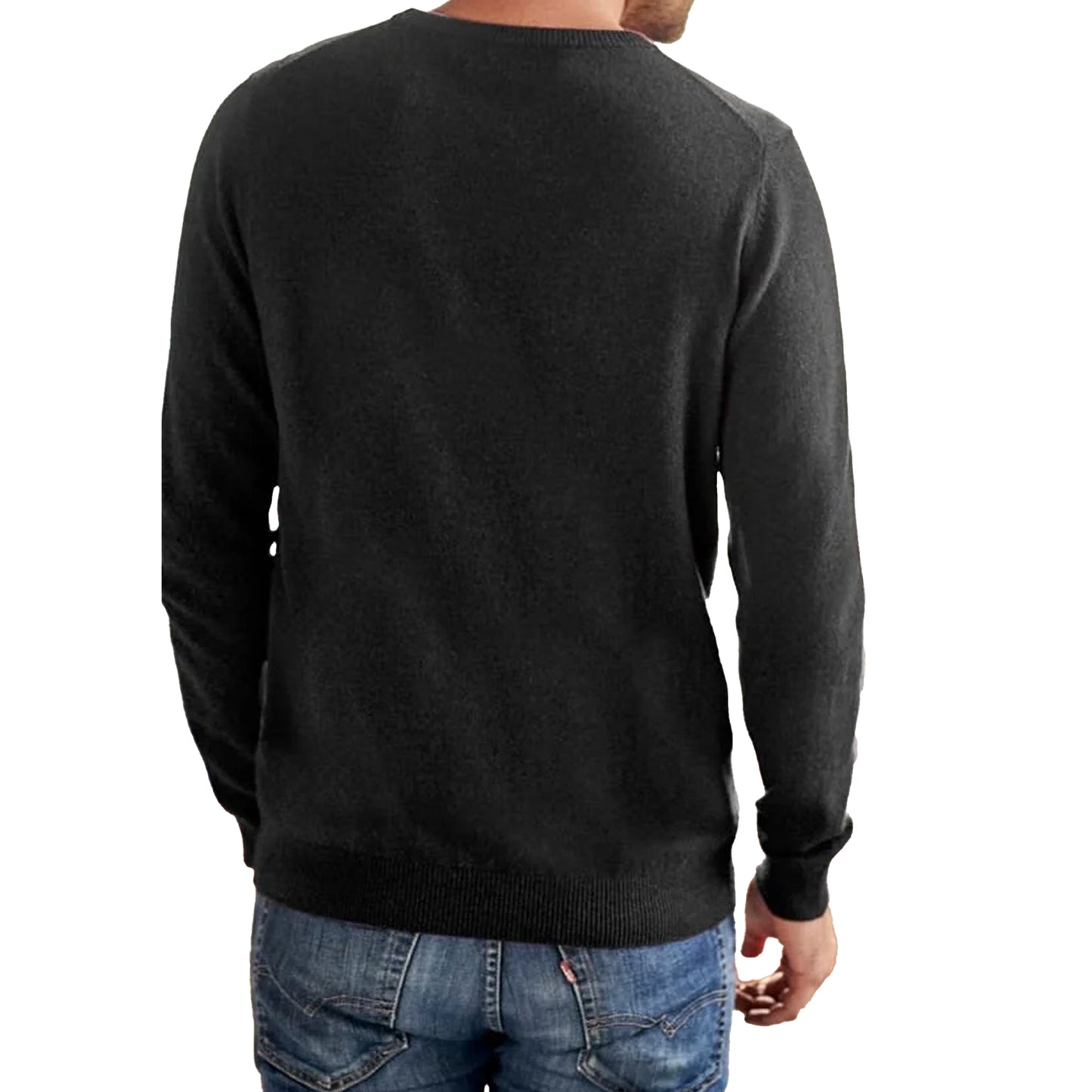 Black - Back - WoolOvers Mens Plain Cashmere Crew Neck Jumper