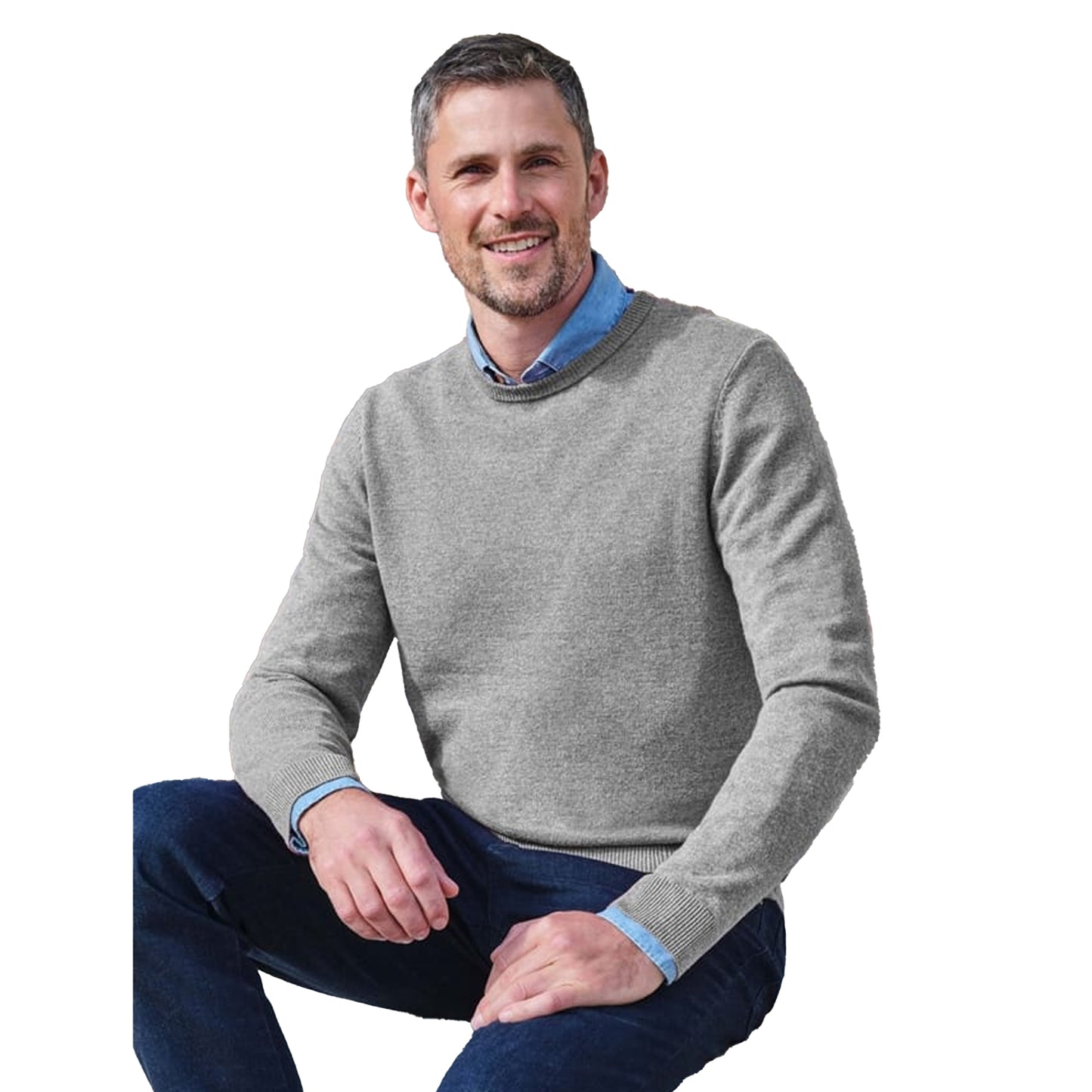 Grey Marl - Front - WoolOvers Mens Plain Cashmere Crew Neck Jumper