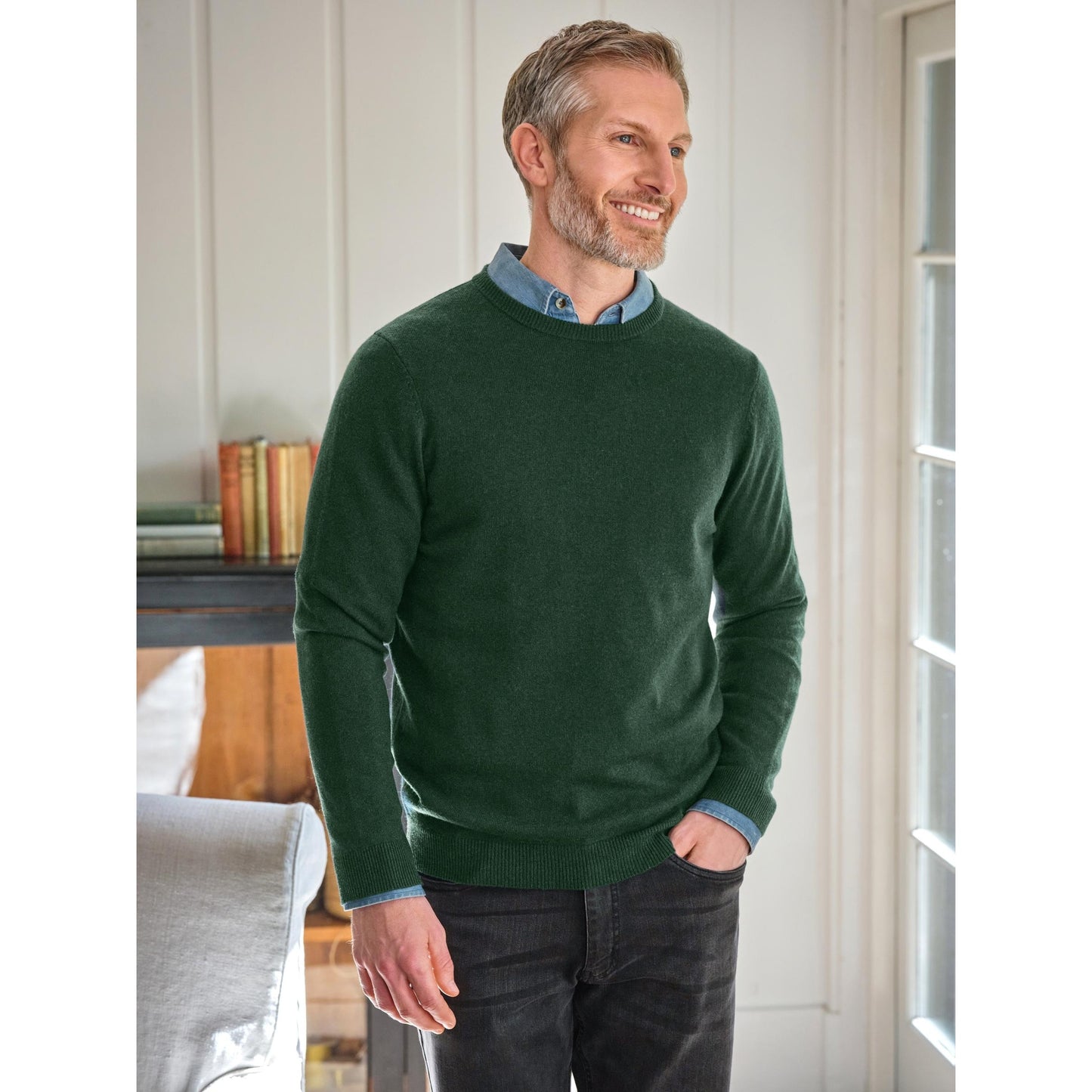 Dark Forest - Front - WoolOvers Mens Plain Cashmere Crew Neck Jumper