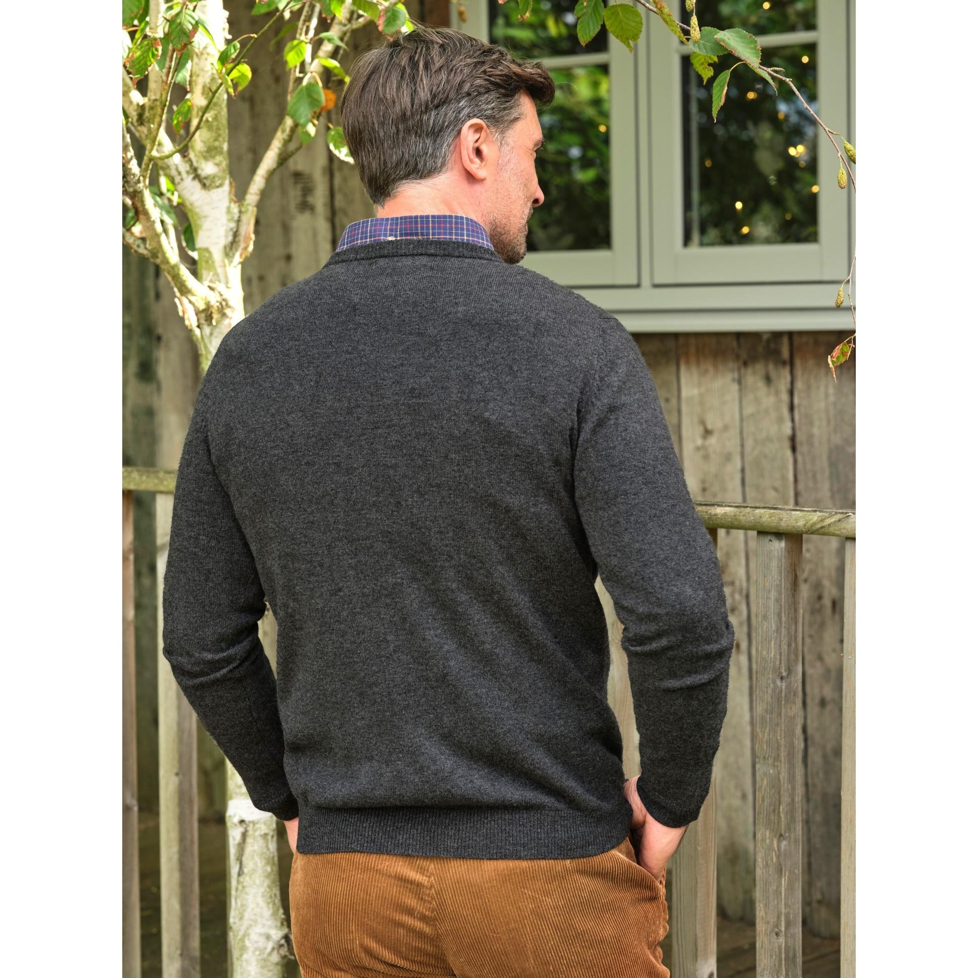 Dark Charcoal - Back - WoolOvers Mens Plain Cashmere Crew Neck Jumper