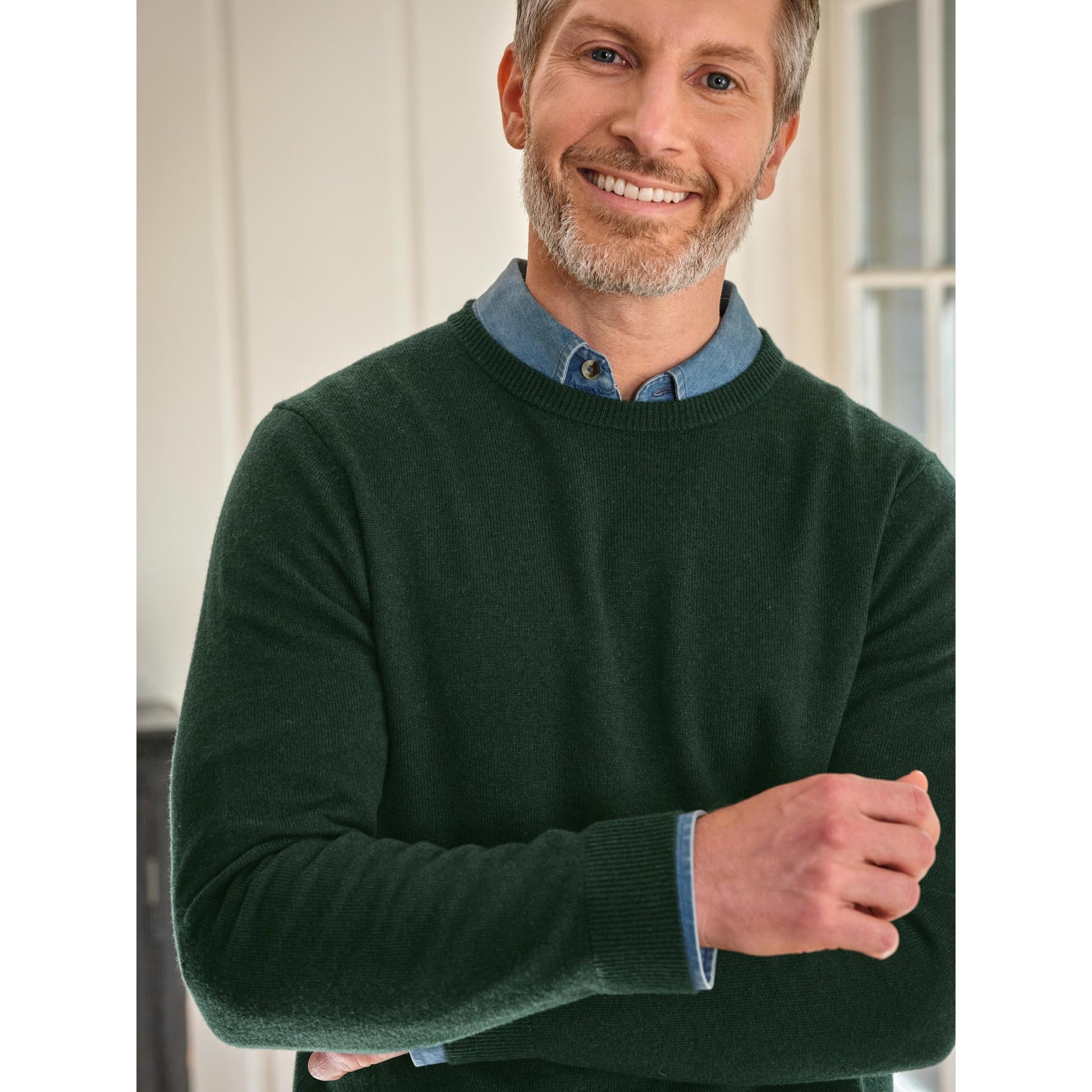 Dark Forest - Side - WoolOvers Mens Plain Cashmere Crew Neck Jumper