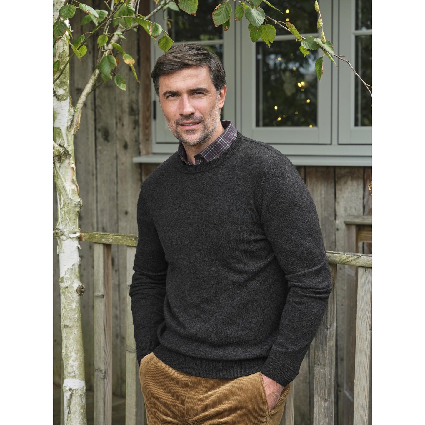 Dark Charcoal - Front - WoolOvers Mens Plain Cashmere Crew Neck Jumper