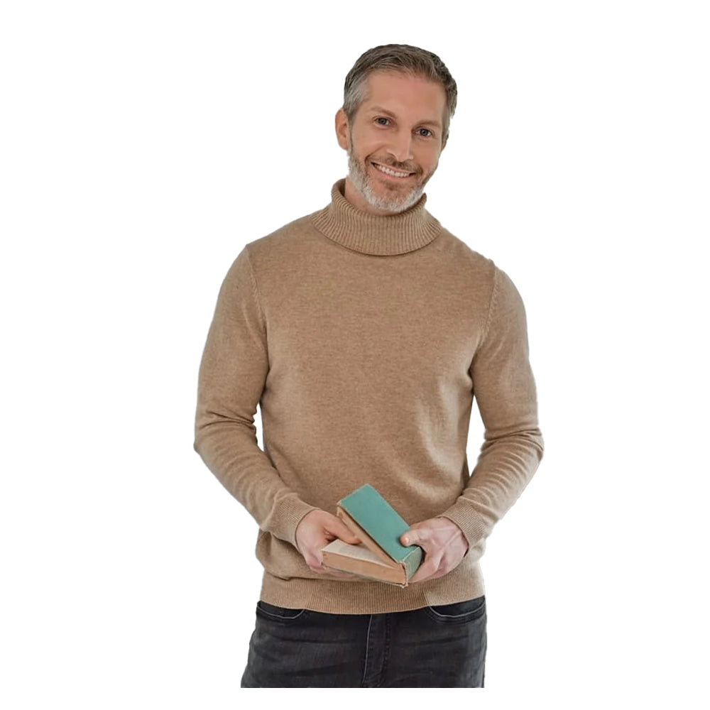 Flax - Front - WoolOvers Mens Cashmere Polo Neck Jumper