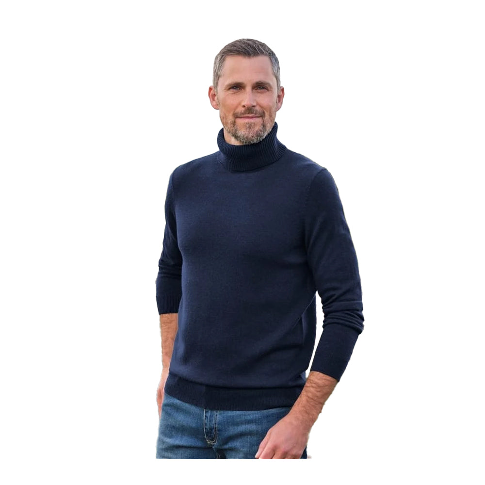 Navy - Lifestyle - WoolOvers Mens Cashmere Polo Neck Jumper