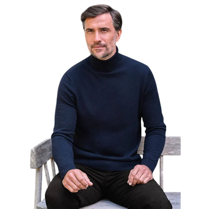 Navy - Front - WoolOvers Mens Cashmere Polo Neck Jumper