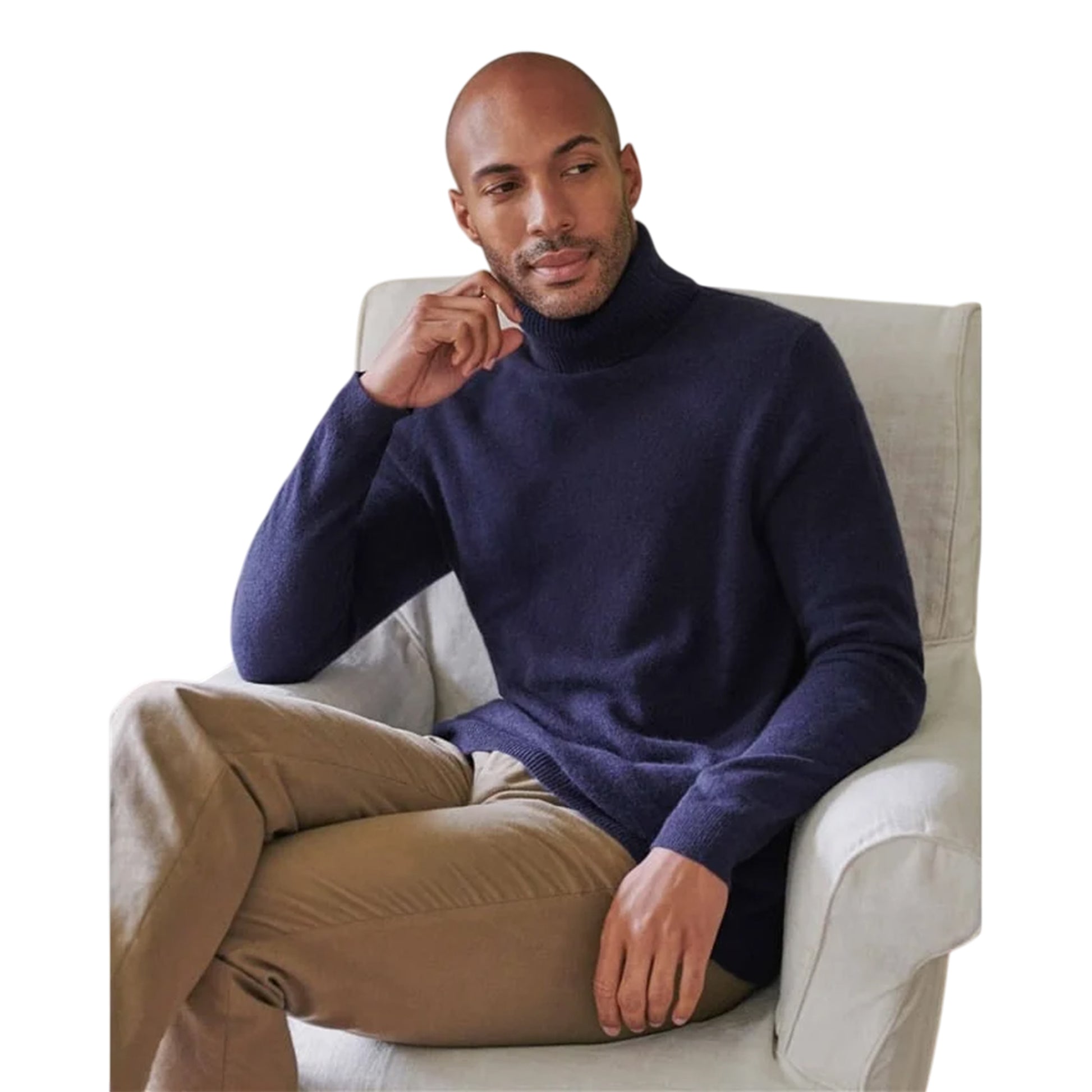 Navy - Side - WoolOvers Mens Cashmere Polo Neck Jumper