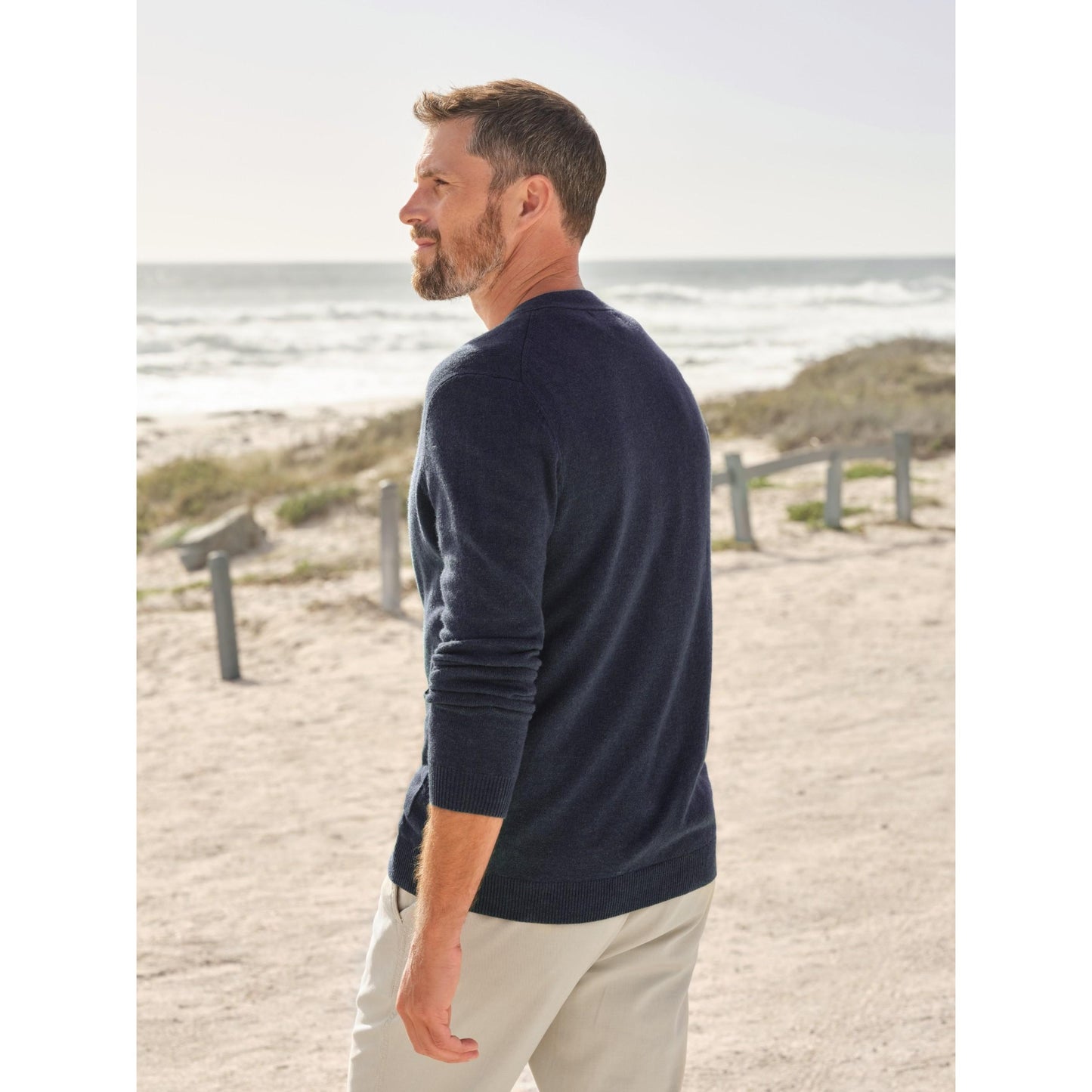 Navy - Back - WoolOvers Mens Cashmere V Neck Cardigan