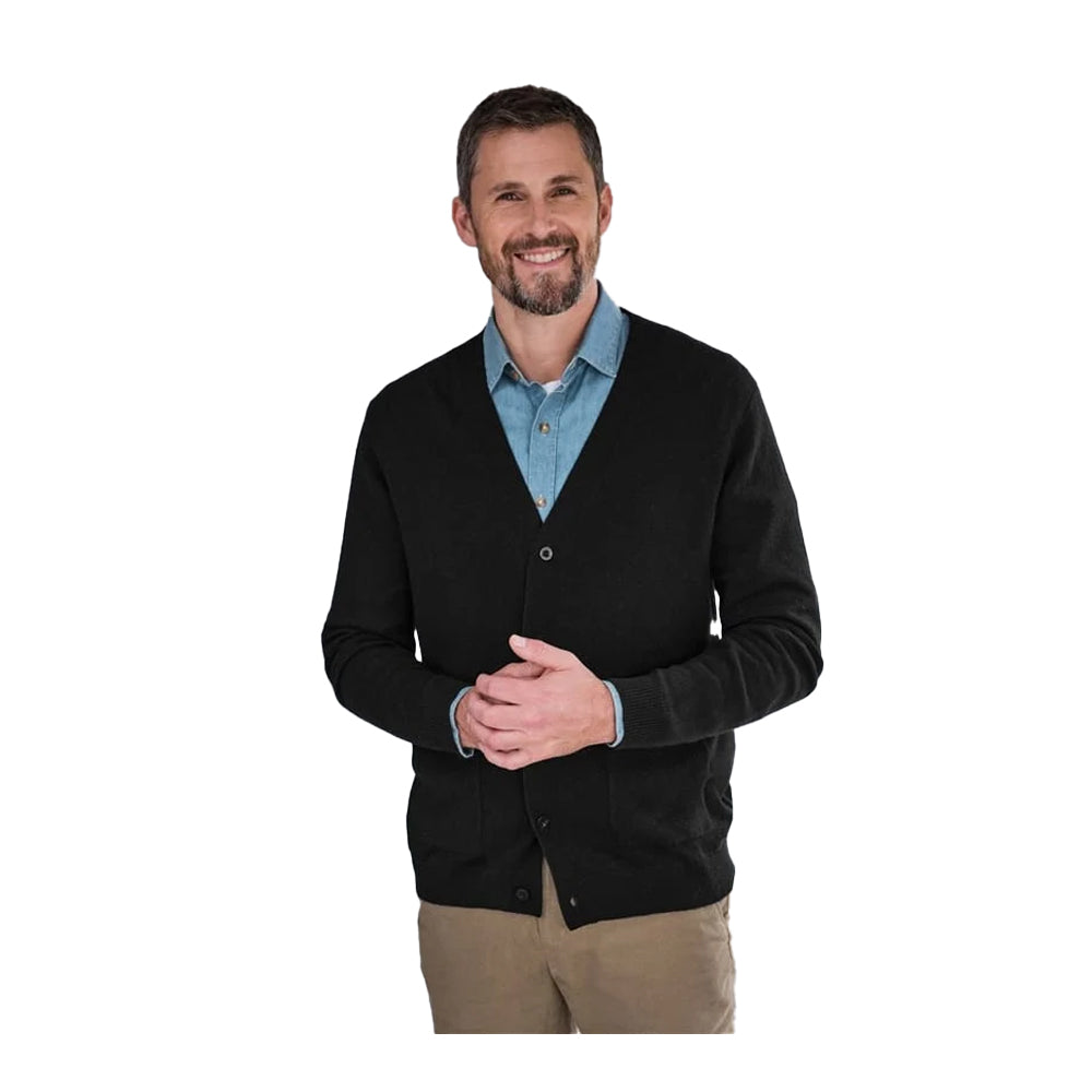 Black - Front - WoolOvers Mens Cashmere V Neck Cardigan