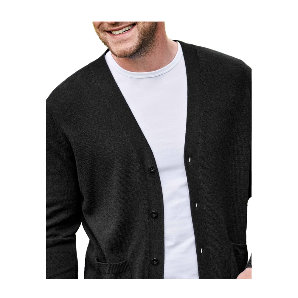 Black - Back - WoolOvers Mens Cashmere V Neck Cardigan