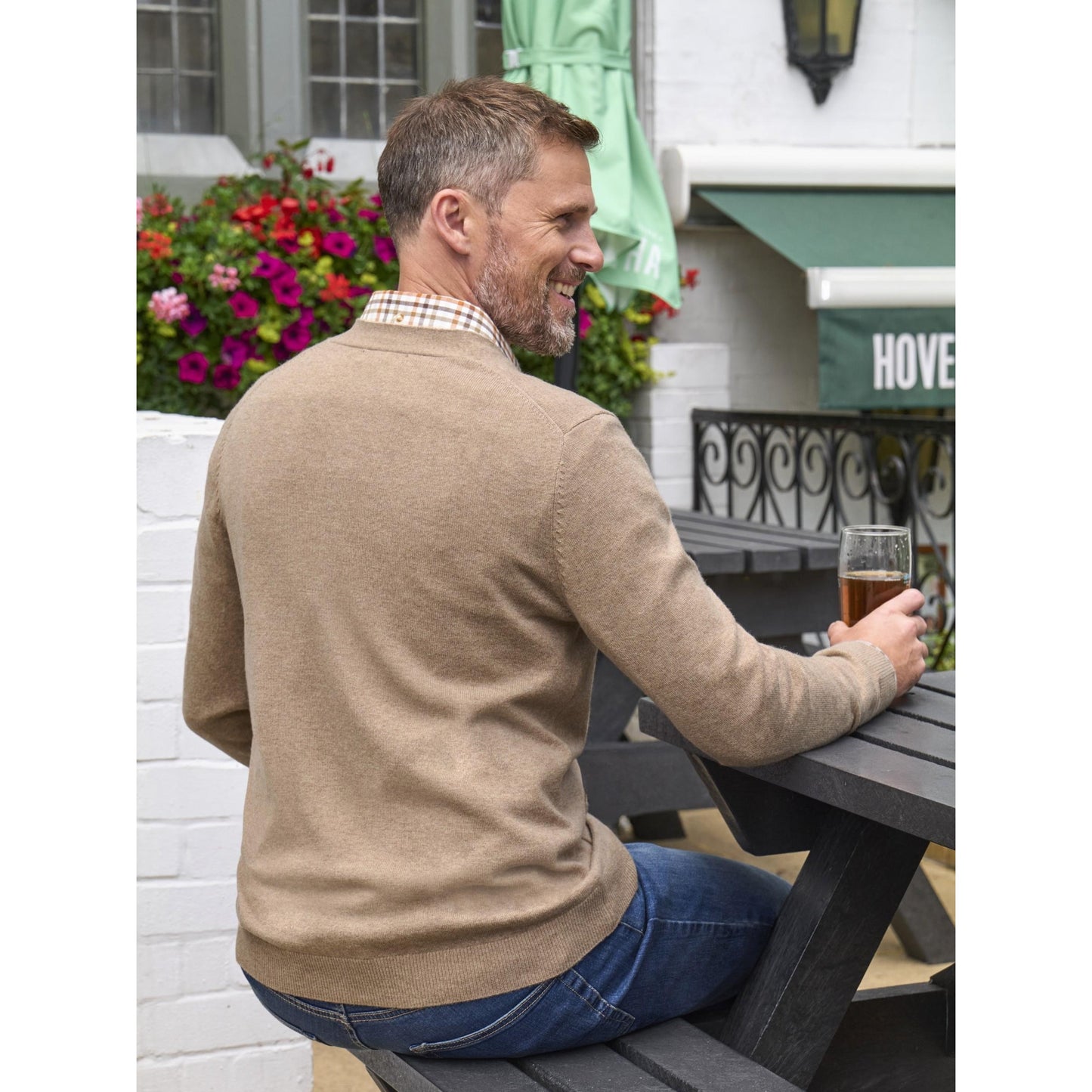 Flax - Back - WoolOvers Mens Cashmere V Neck Cardigan