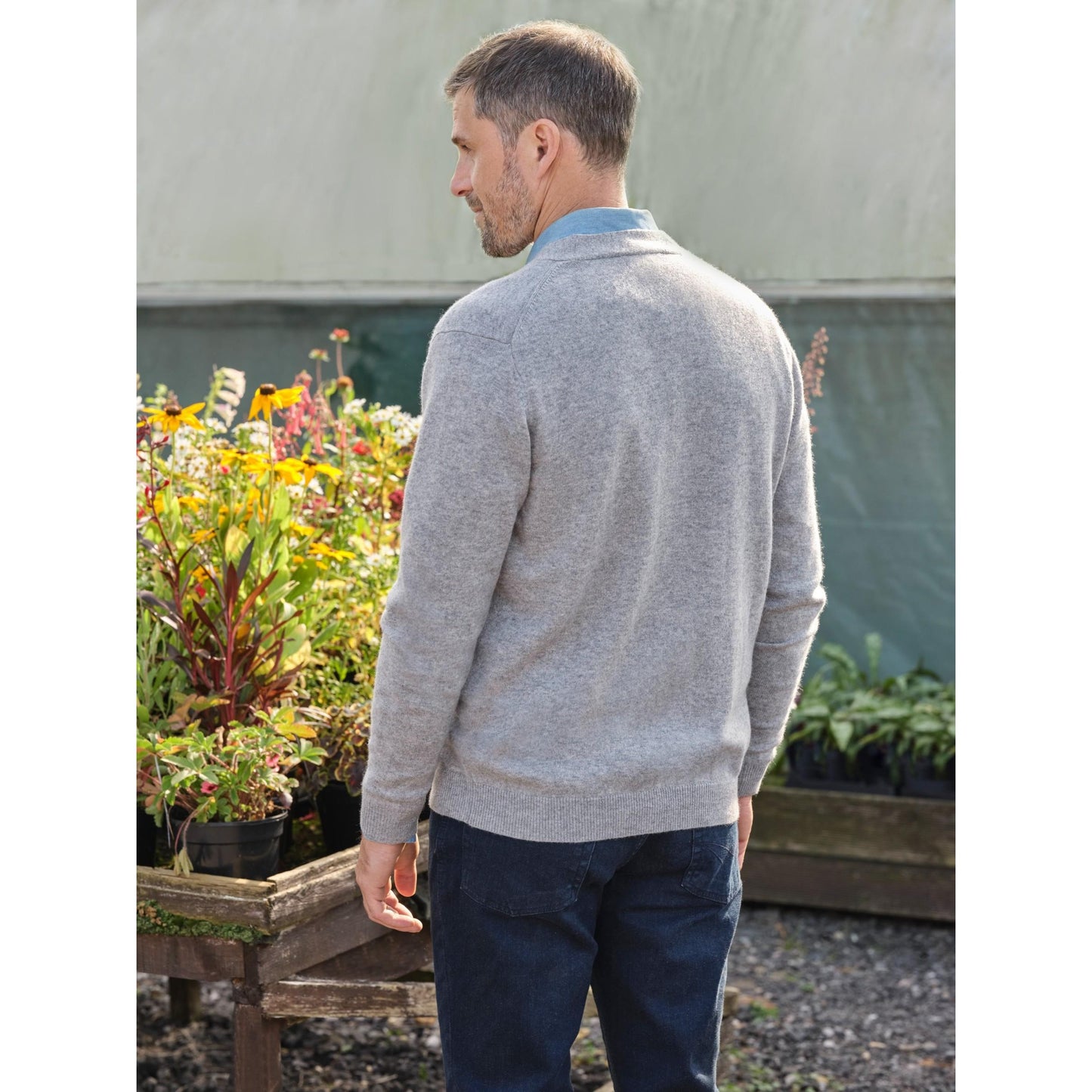 Grey Marl - Back - WoolOvers Mens Cashmere V Neck Cardigan