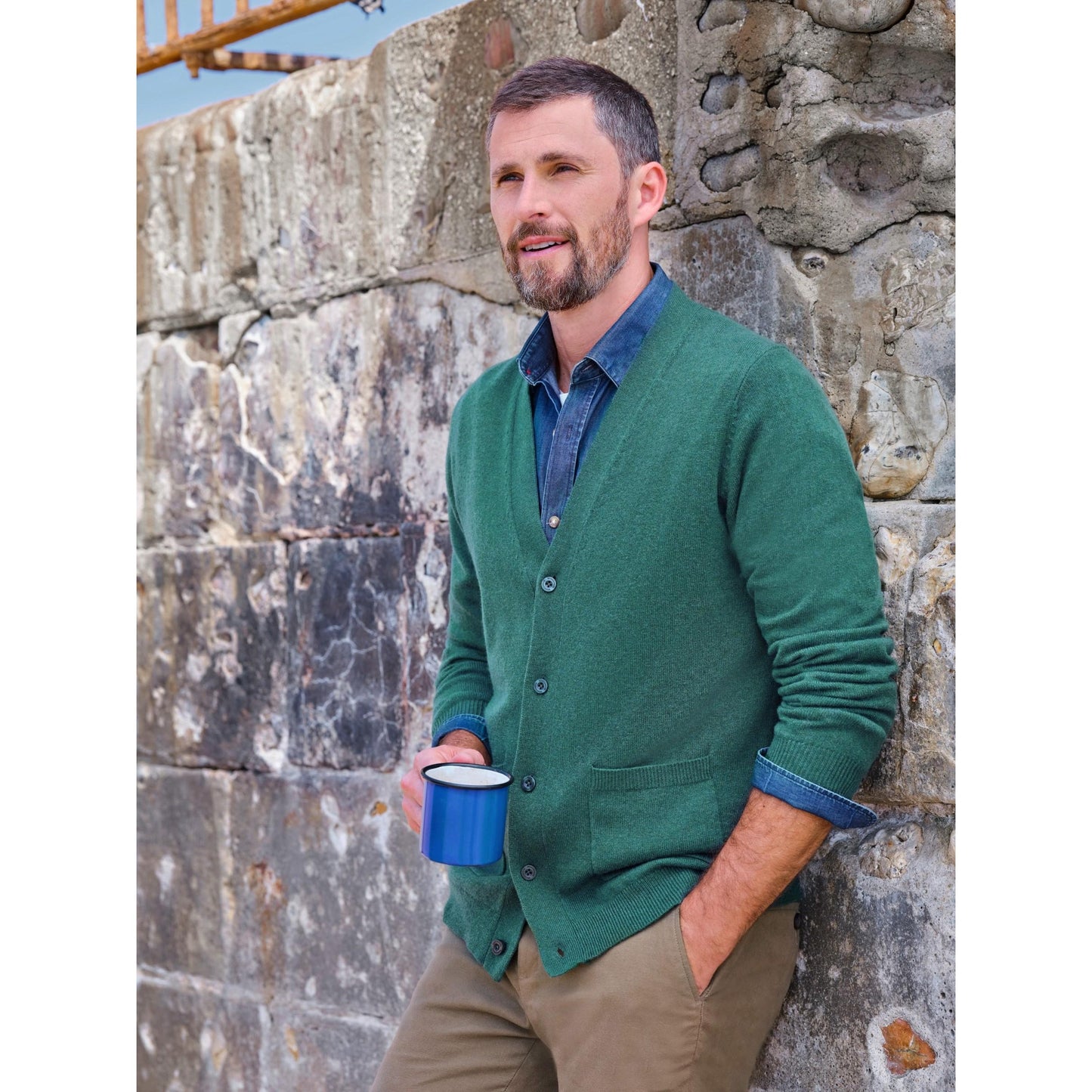 Dark Mint Marl - Front - WoolOvers Mens Cashmere V Neck Cardigan