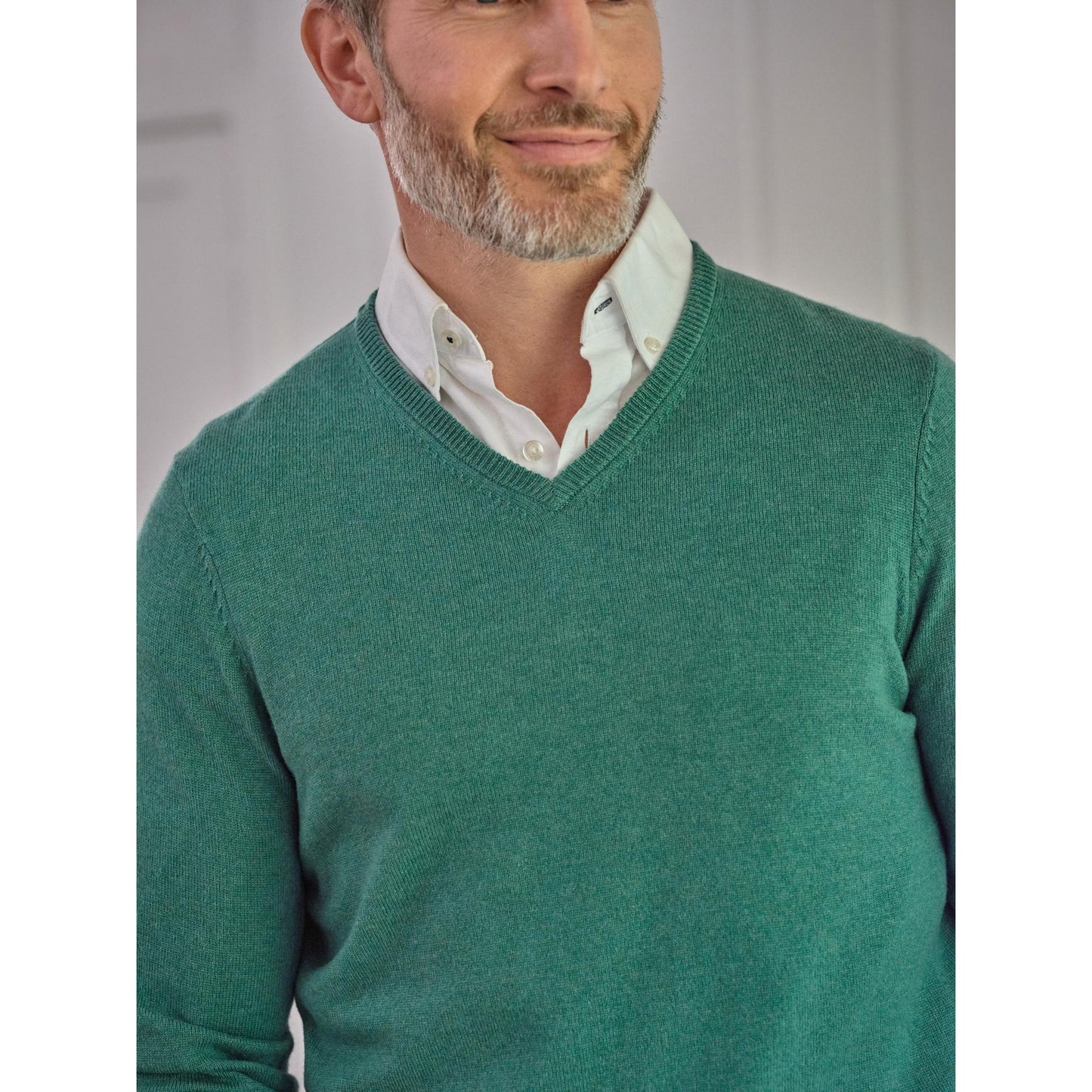 Dark Mint Marl - Side - WoolOvers Mens Cashmere V Neck Jumper