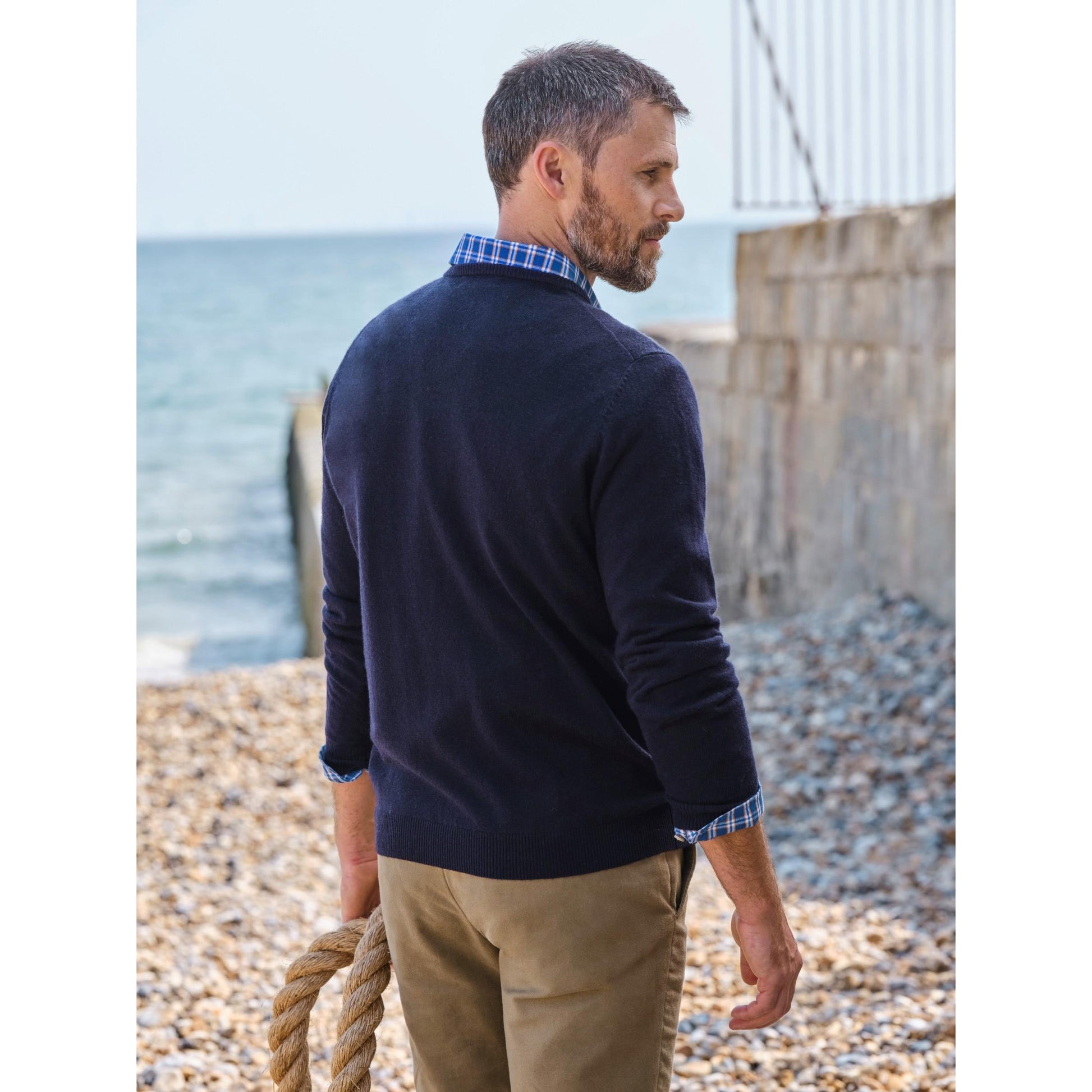 Navy - Back - WoolOvers Mens Cashmere V Neck Jumper