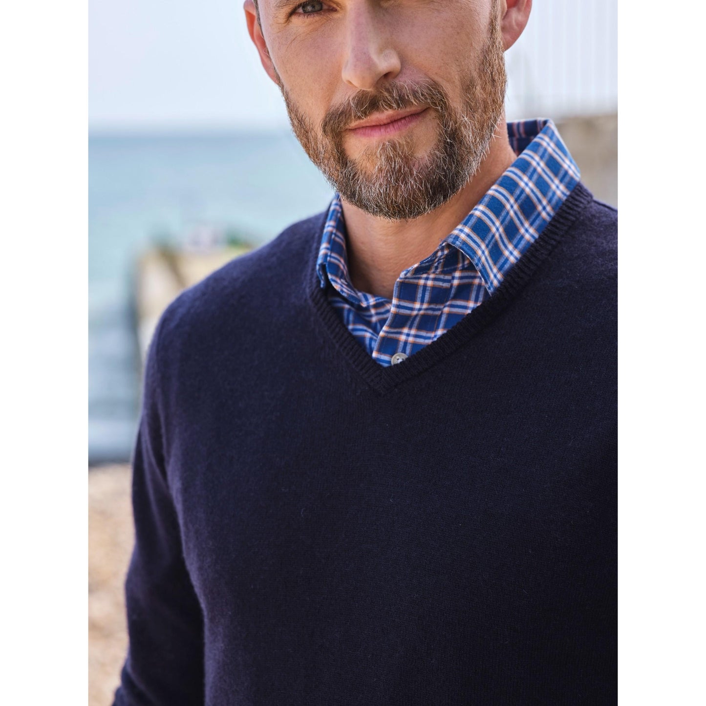 Navy - Side - WoolOvers Mens Cashmere V Neck Jumper