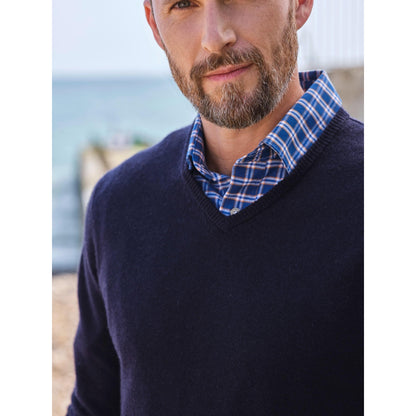 Navy - Side - WoolOvers Mens Cashmere V Neck Jumper