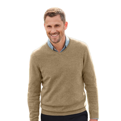 Flax - Front - WoolOvers Mens Cashmere V Neck Jumper