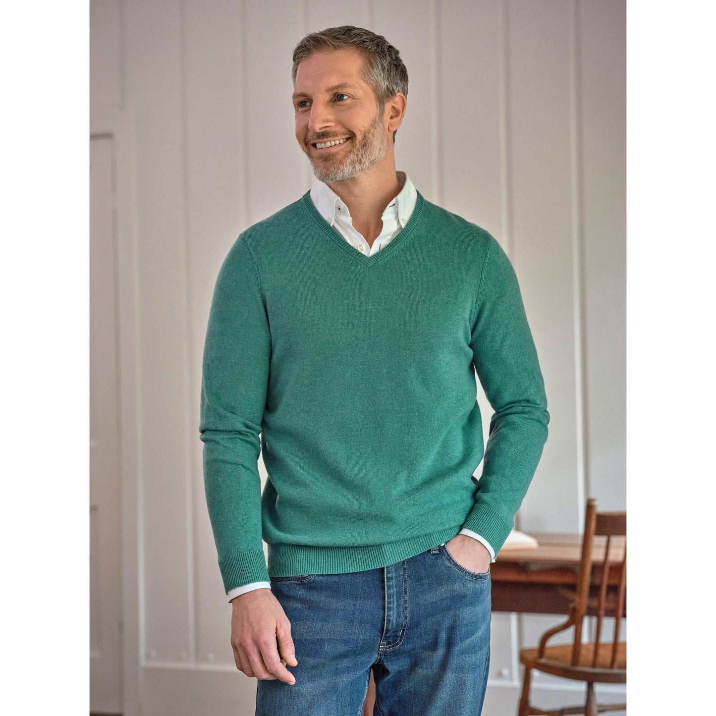 Dark Mint Marl - Front - WoolOvers Mens Cashmere V Neck Jumper