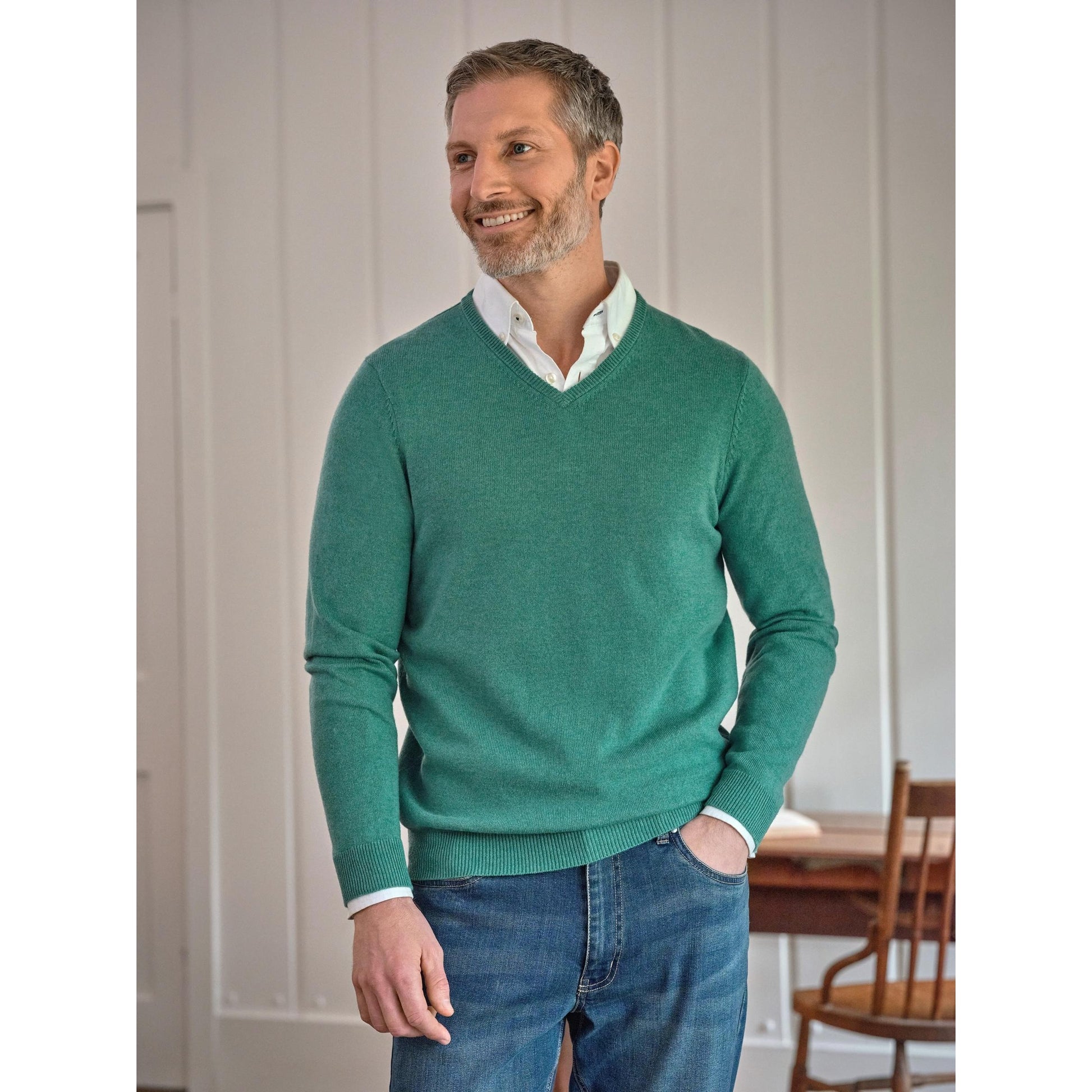 Dark Mint Marl - Front - WoolOvers Mens Cashmere V Neck Jumper