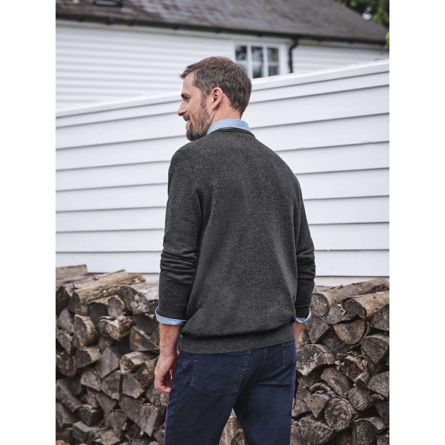 Dark Charcoal - Back - WoolOvers Mens Cashmere V Neck Jumper