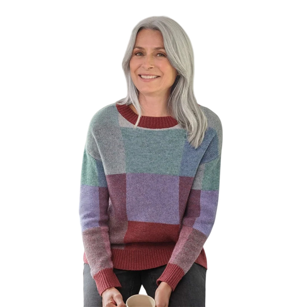Multicoloured - Front - WoolOvers Womens-Ladies Checked Colour Block Jumper