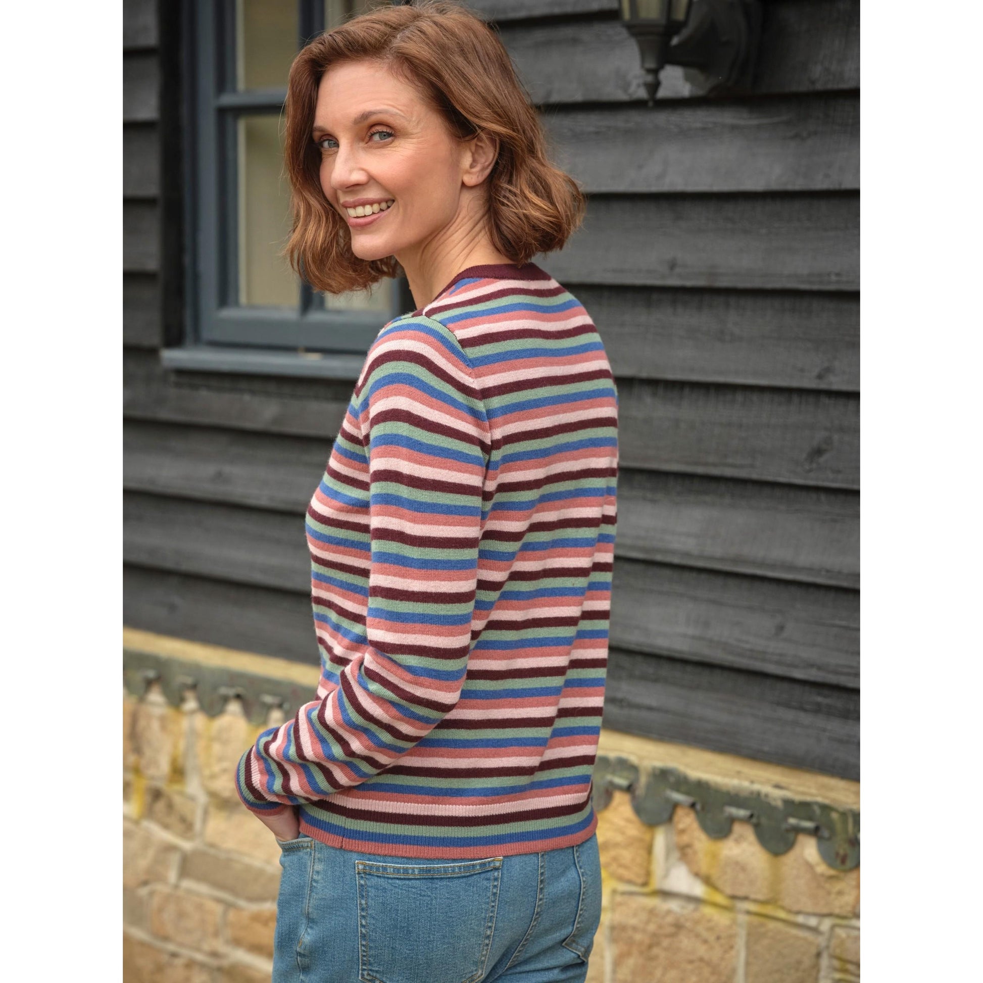 Multicoloured - Back - WoolOvers Womens-Ladies Stripe Crew Neck Cardigan