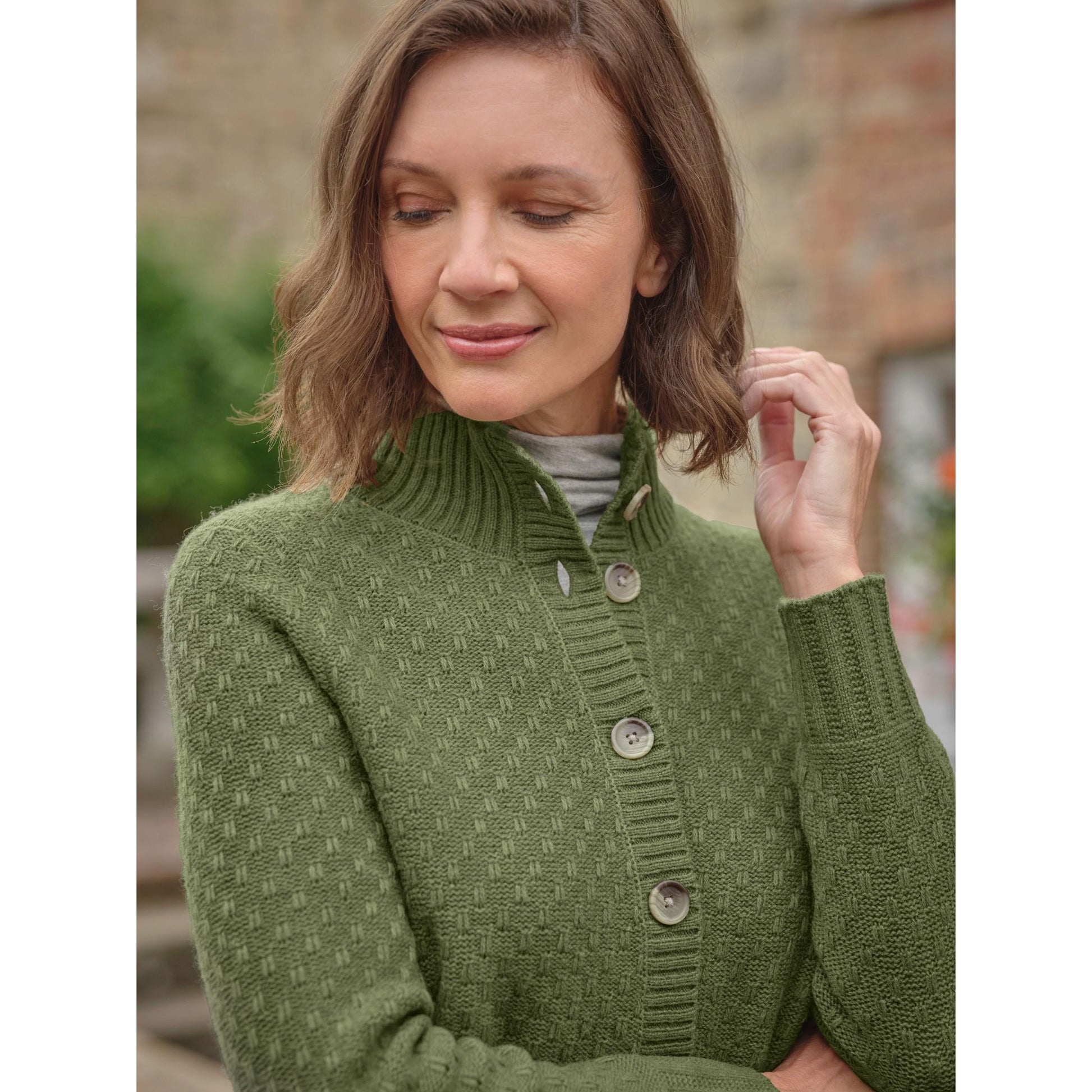 Khaki Green - Back - WoolOvers Womens-Ladies Button Funnel Neck Cardigan