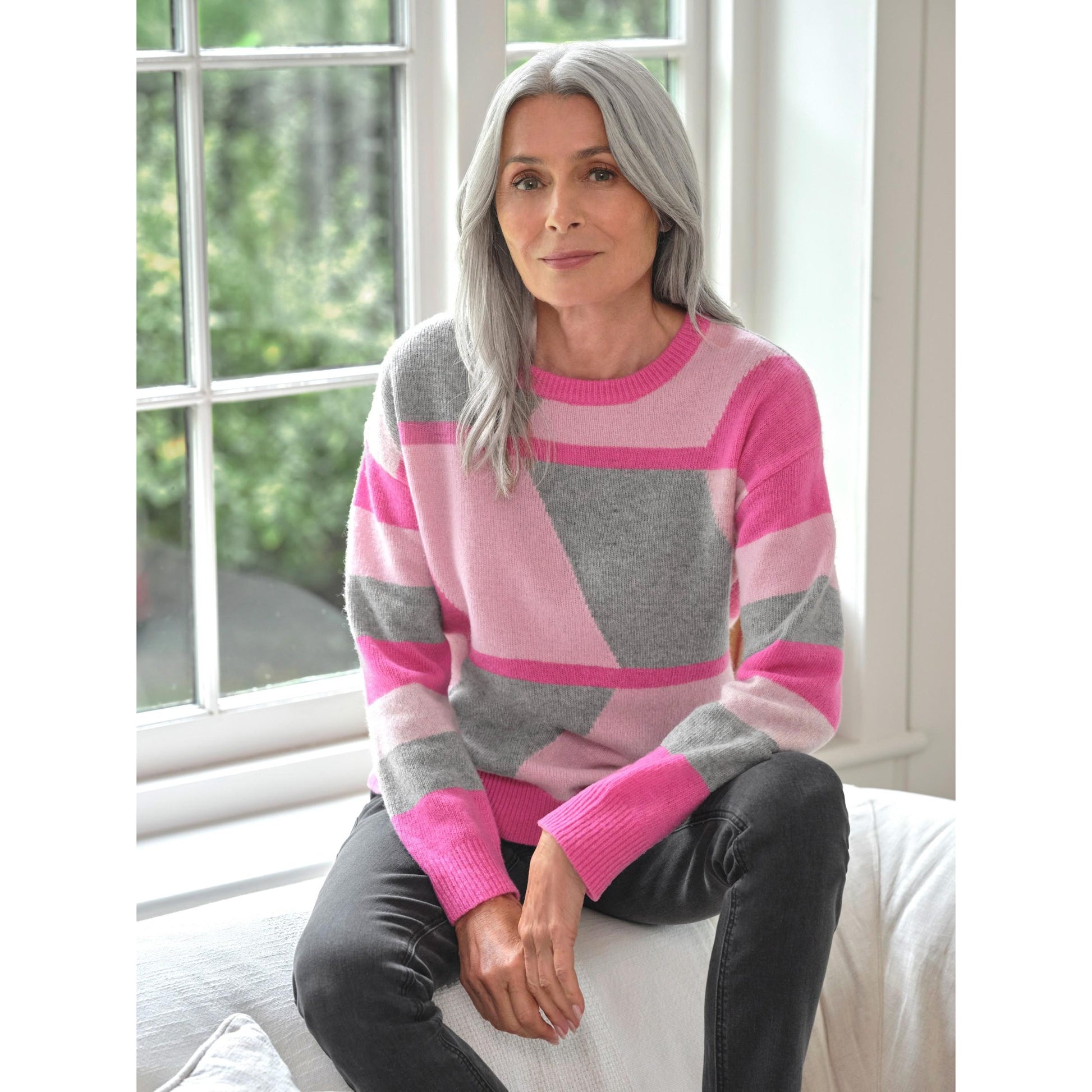 Pink - Front - WoolOvers Womens-Ladies Geometric Pattern Jumper
