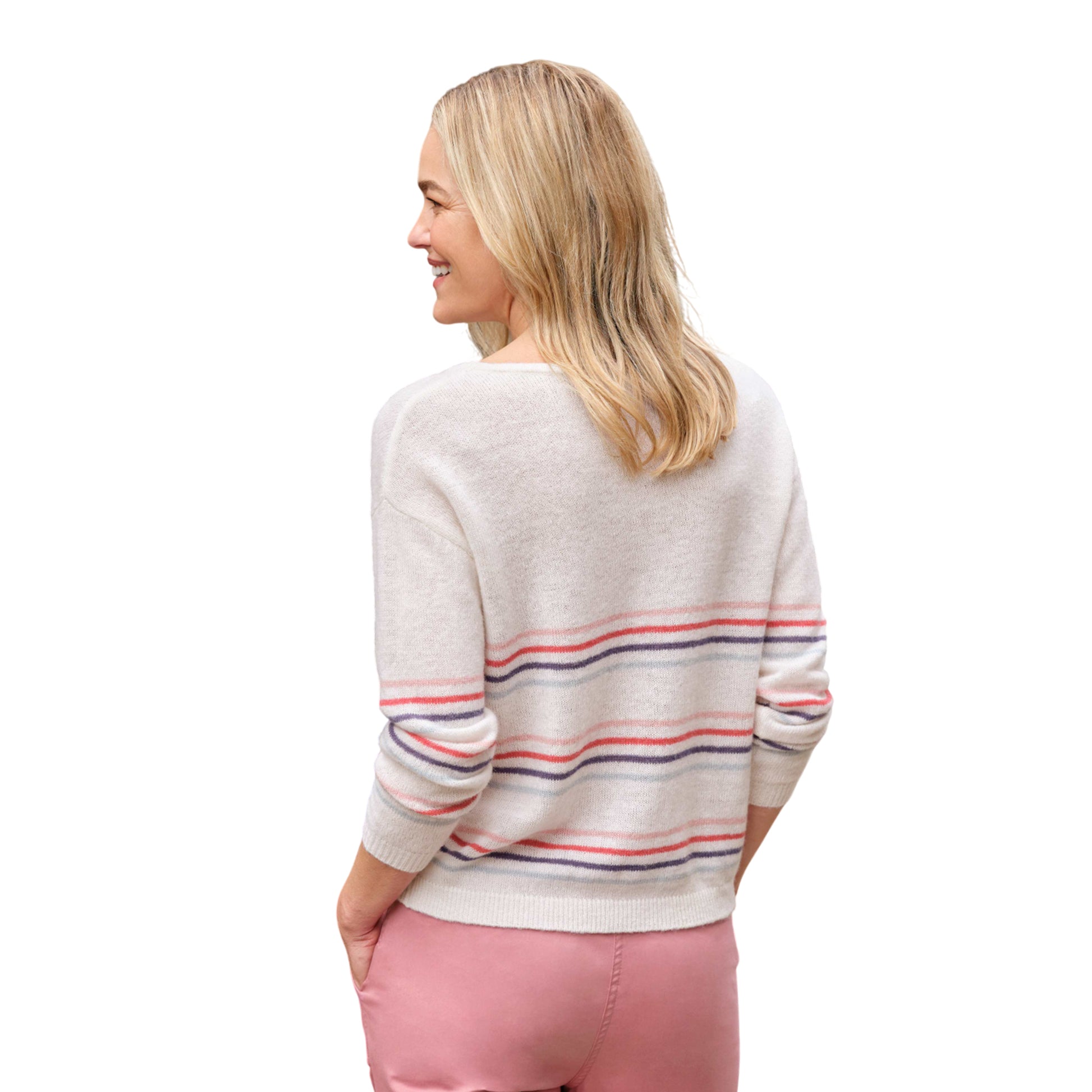 Cream - Back - WoolOvers Womens-Ladies Striped Lightweight Jumper