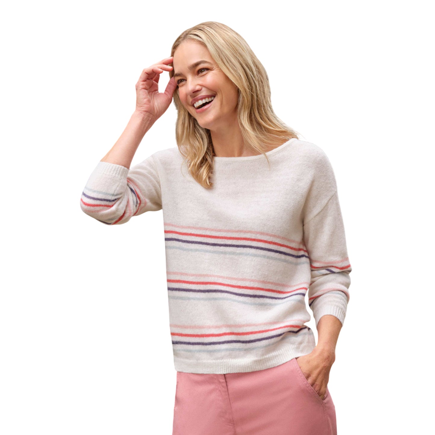 Cream - Front - WoolOvers Womens-Ladies Striped Lightweight Jumper