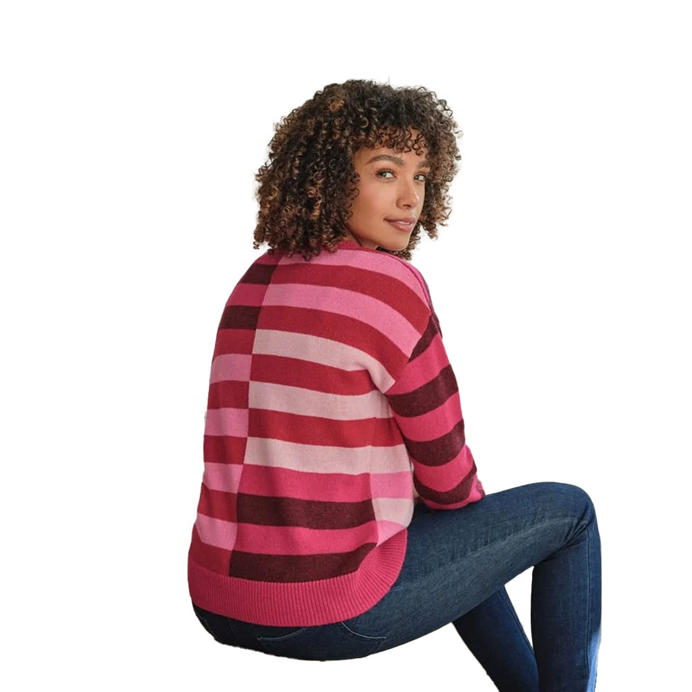 Pink - Back - WoolOvers Womens-Ladies Offset Stripes Jumper