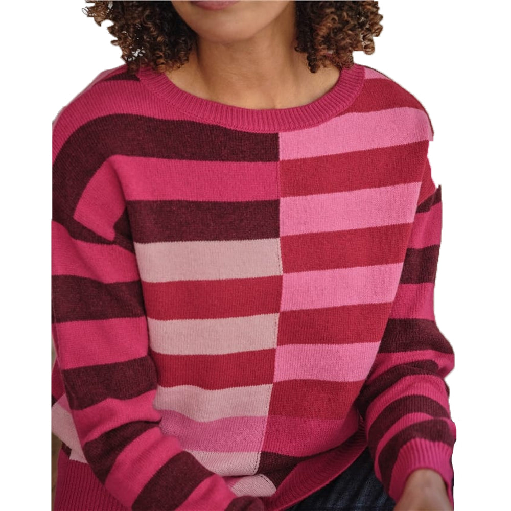 Pink - Side - WoolOvers Womens-Ladies Offset Stripes Jumper