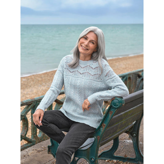 Soft Blue - Front - WoolOvers Womens-Ladies Cable Pointelle Jumper