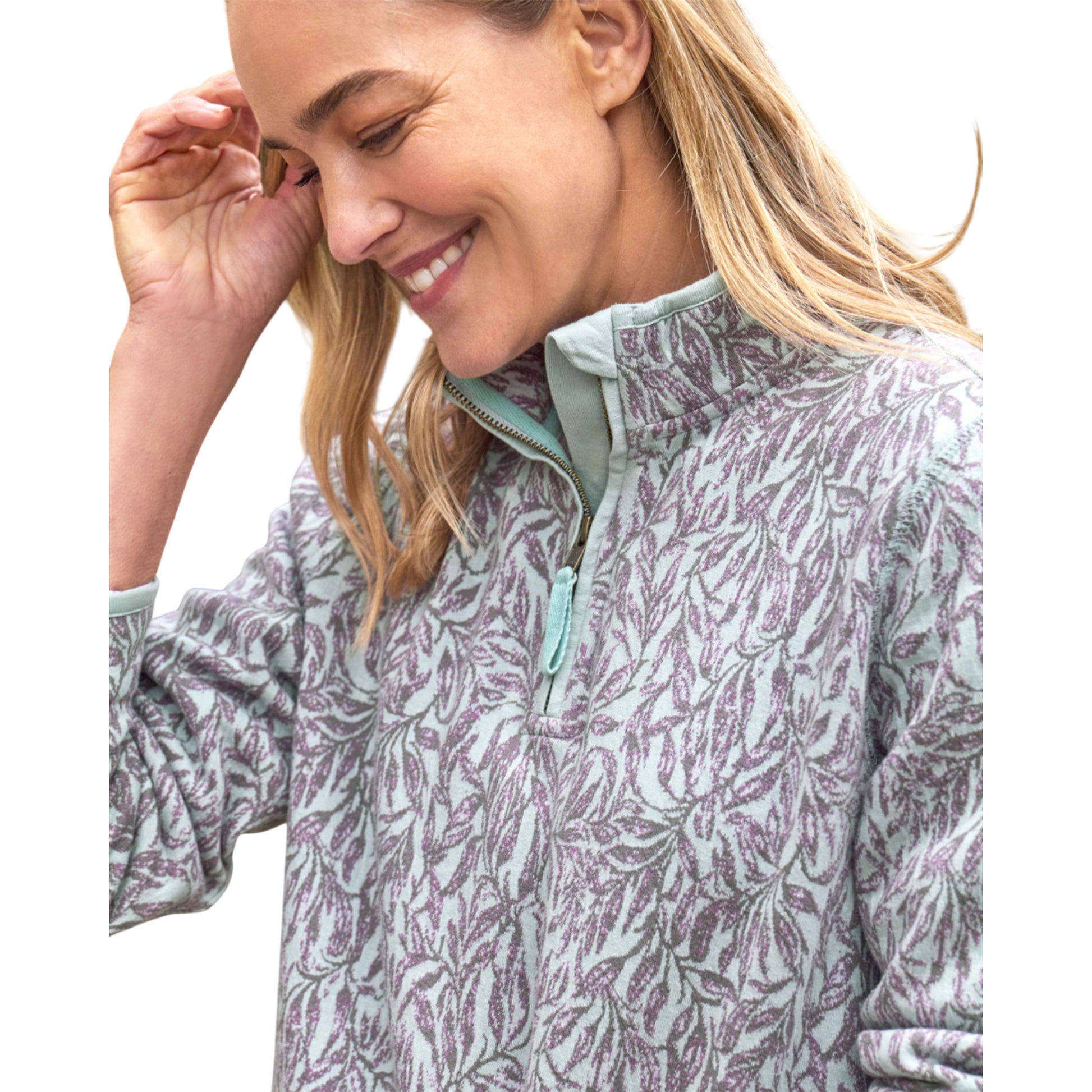 Vine Green - Side - WoolOvers Womens-Ladies Textured Jacquard Quarter Zip Sweatshirt