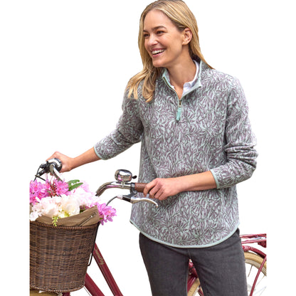 Vine Green - Front - WoolOvers Womens-Ladies Textured Jacquard Quarter Zip Sweatshirt
