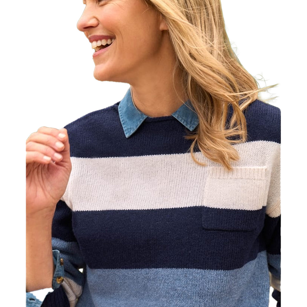 Blue-Cream - Back - WoolOvers Womens-Ladies Longline Boat Neck Tunic