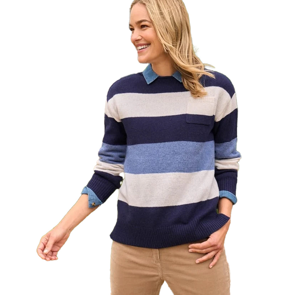 Blue-Cream - Front - WoolOvers Womens-Ladies Longline Boat Neck Tunic
